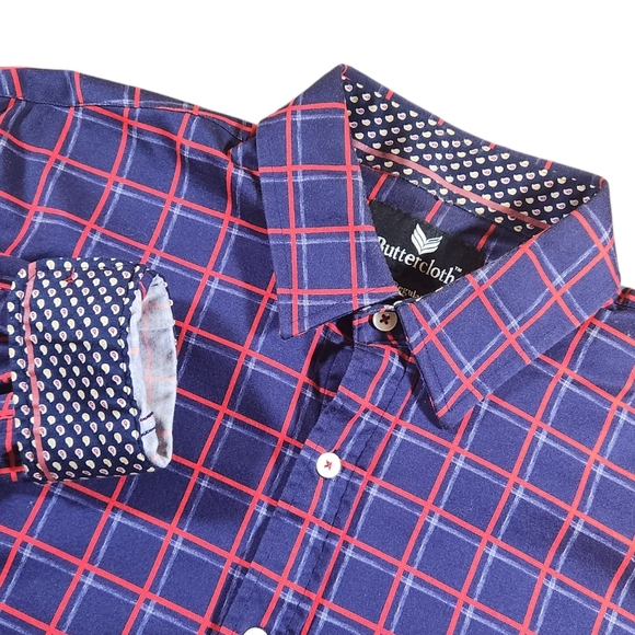 Buttercloth Other - Buttercloth Shirt Men's L Regular Fit Blue Red Check Preppy Flip Cuff Button Up